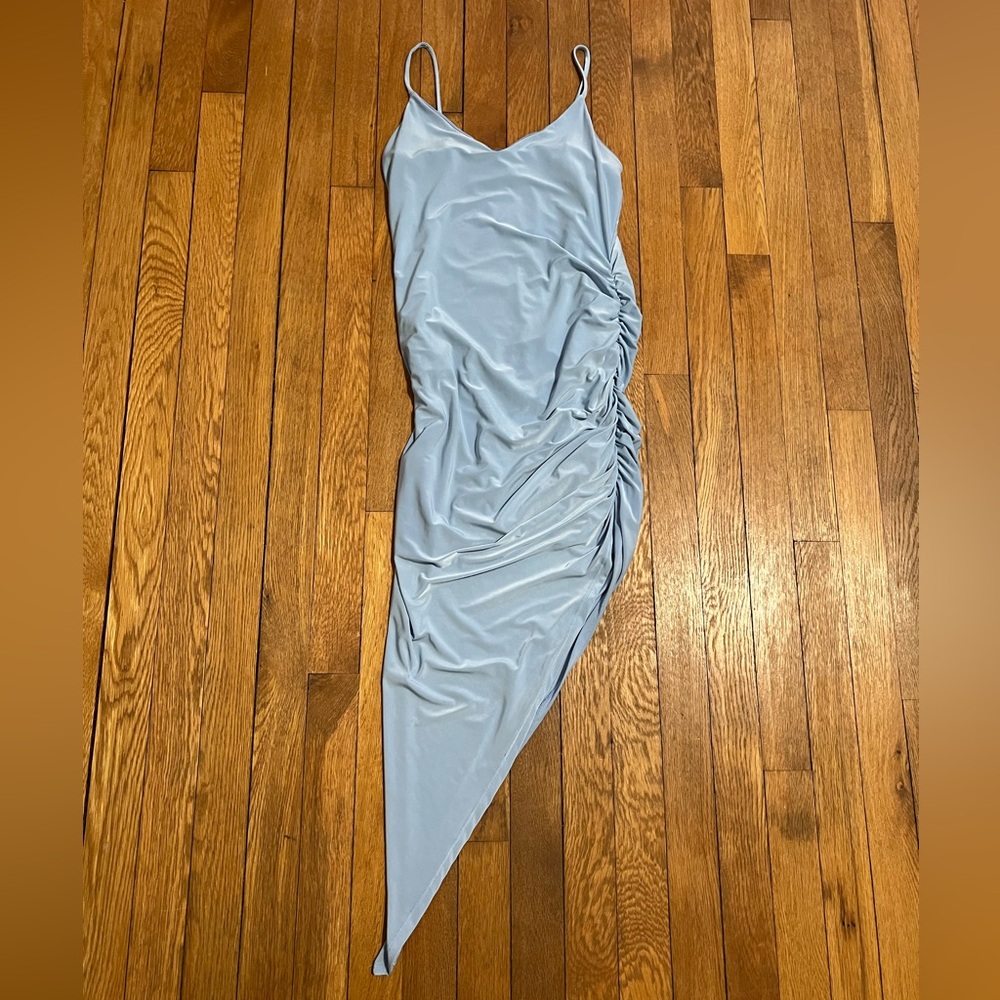 Light Blue Slip Midi Dress with Asymmetric Hem
